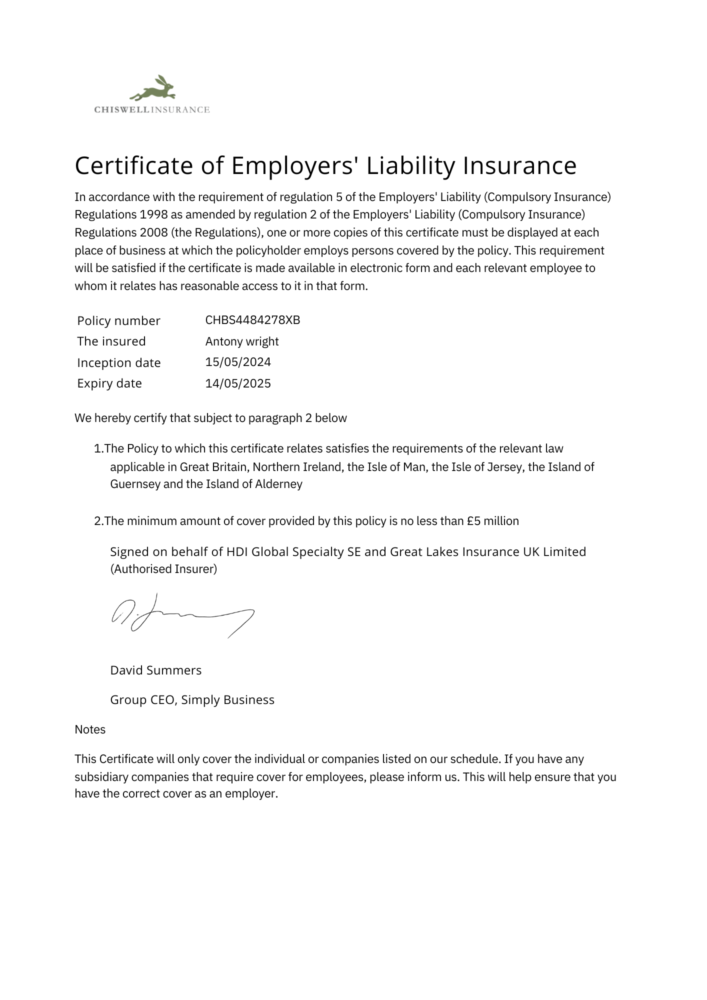 Employers Liability Insurance Certificate
